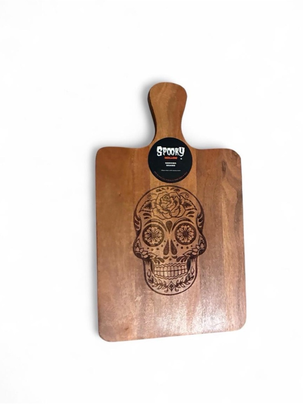 Wooden Serving Board with Engraved Sugar Skull - Brown